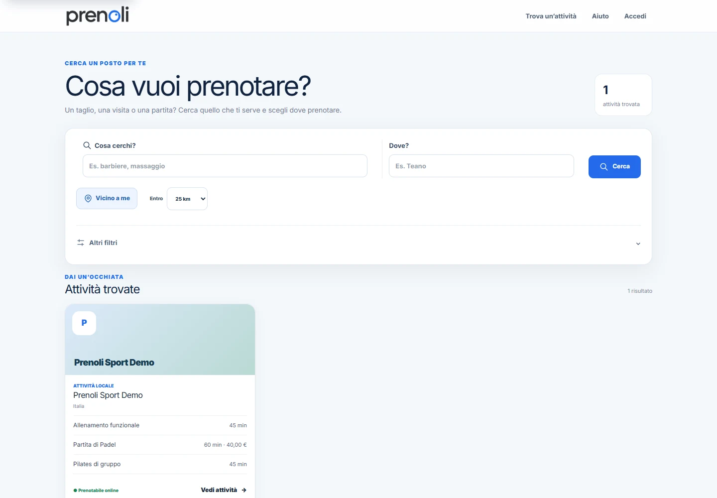 Ricerca di attività su Prenolì: filtri per servizio e località e un risultato dimostrativo.