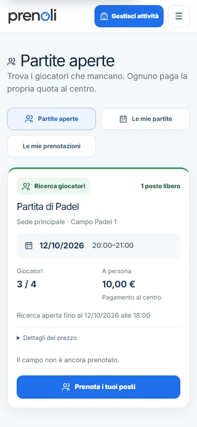 Pagina reale delle partite aperte di Prenolì su smartphone: un gruppo cerca l’ultimo giocatore.